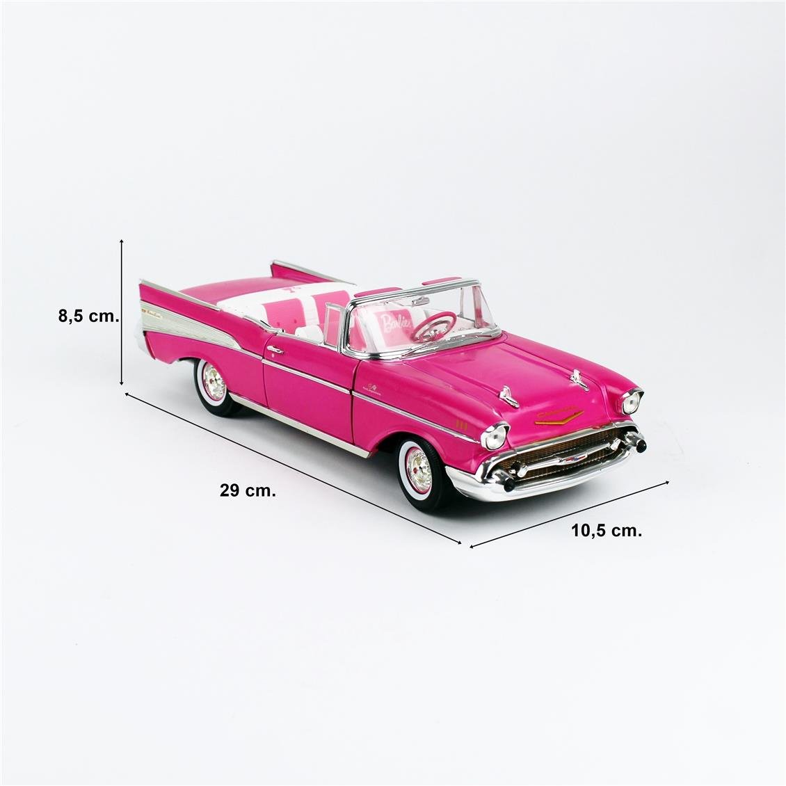 AutoWorld AWSS128 1/18 Ölçek, 1957 Chevrolet Bel Air Convertible (Pink Barbie), Sergilemeye Hazır Metal Araba Modeli