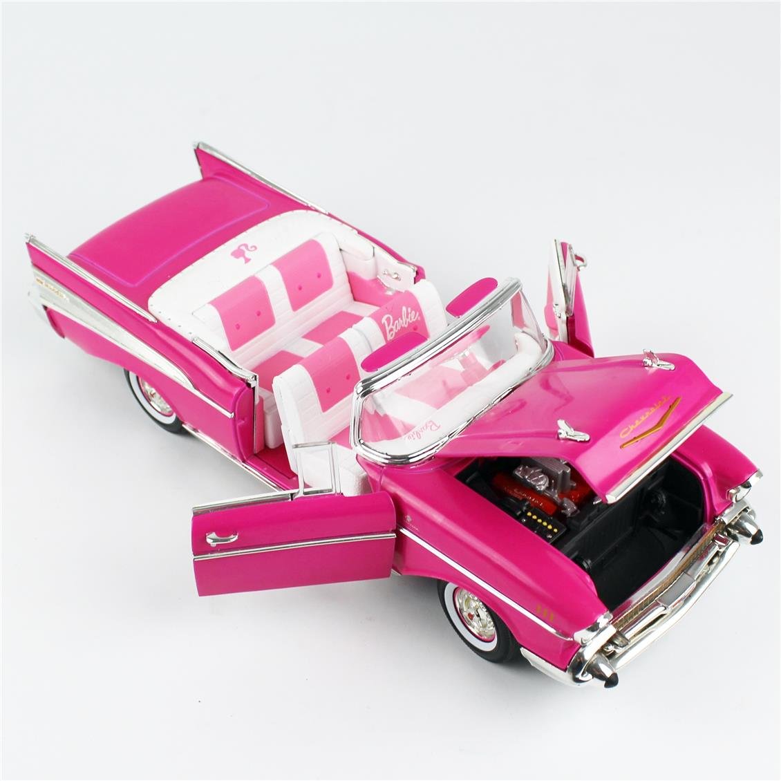 AutoWorld AWSS128 1/18 Ölçek, 1957 Chevrolet Bel Air Convertible (Pink Barbie), Sergilemeye Hazır Metal Araba Modeli