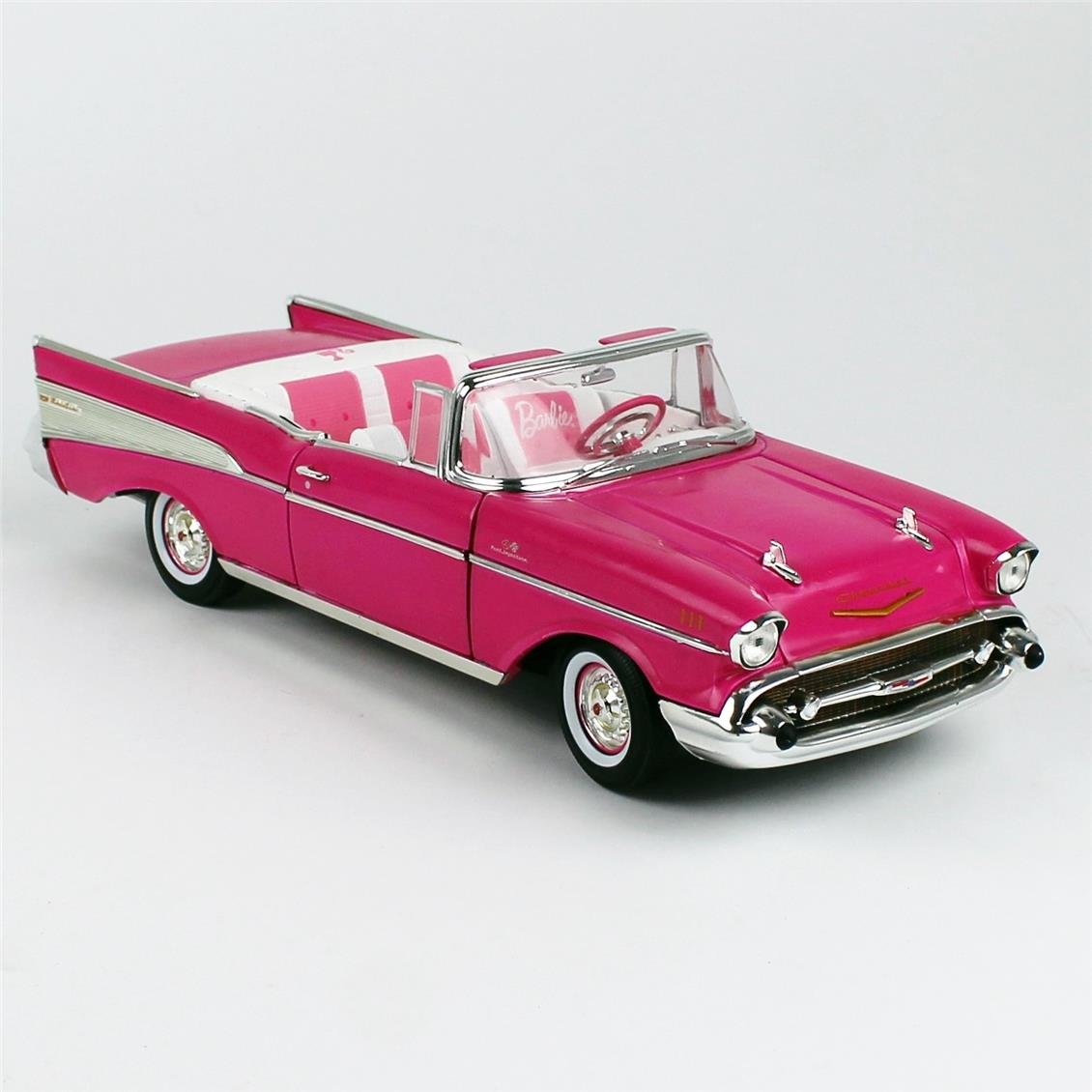 AutoWorld AWSS128 1/18 Ölçek, 1957 Chevrolet Bel Air Convertible (Pink Barbie), Sergilemeye Hazır Metal Araba Modeli