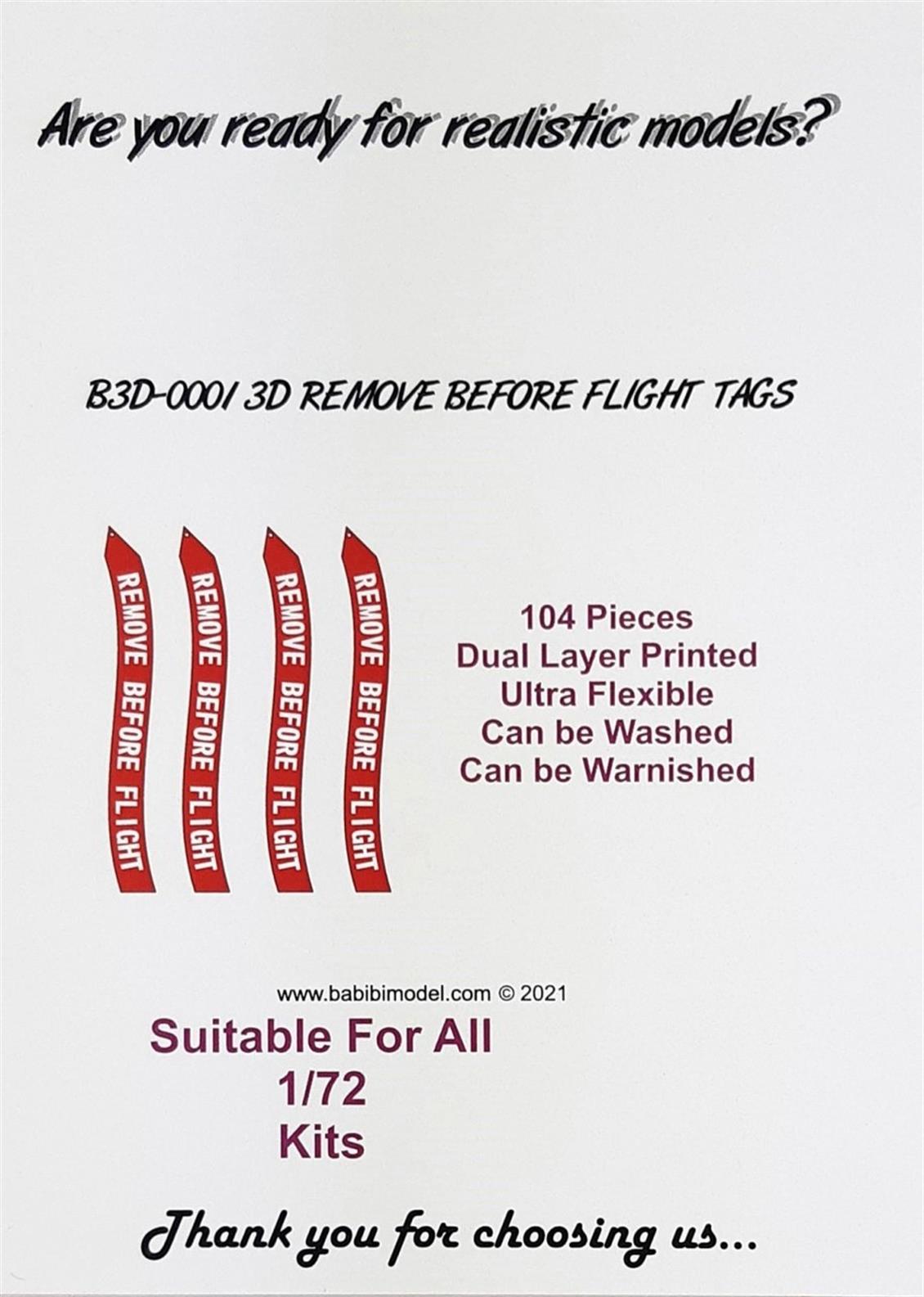Babibi B3D-0001 1/72 Remove Flight Tags-3 Boyutlu Decal Çıkartma