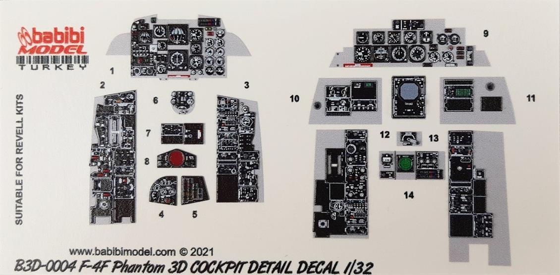 Babibi B3D-0004 1/32 F-4F Phantom II Kokpit Detayları -3 Boyutlu Decal Çıkartma