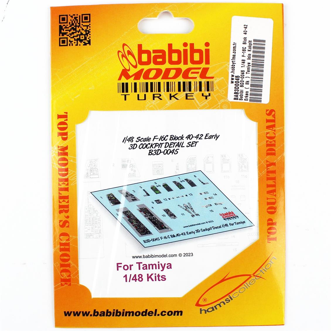Babibi BD3-0045 1/48 F-16C Blok 40-42 Erken ( İlk ) Tamiya İçin Kokpit Seti, Dekal Çıkartma