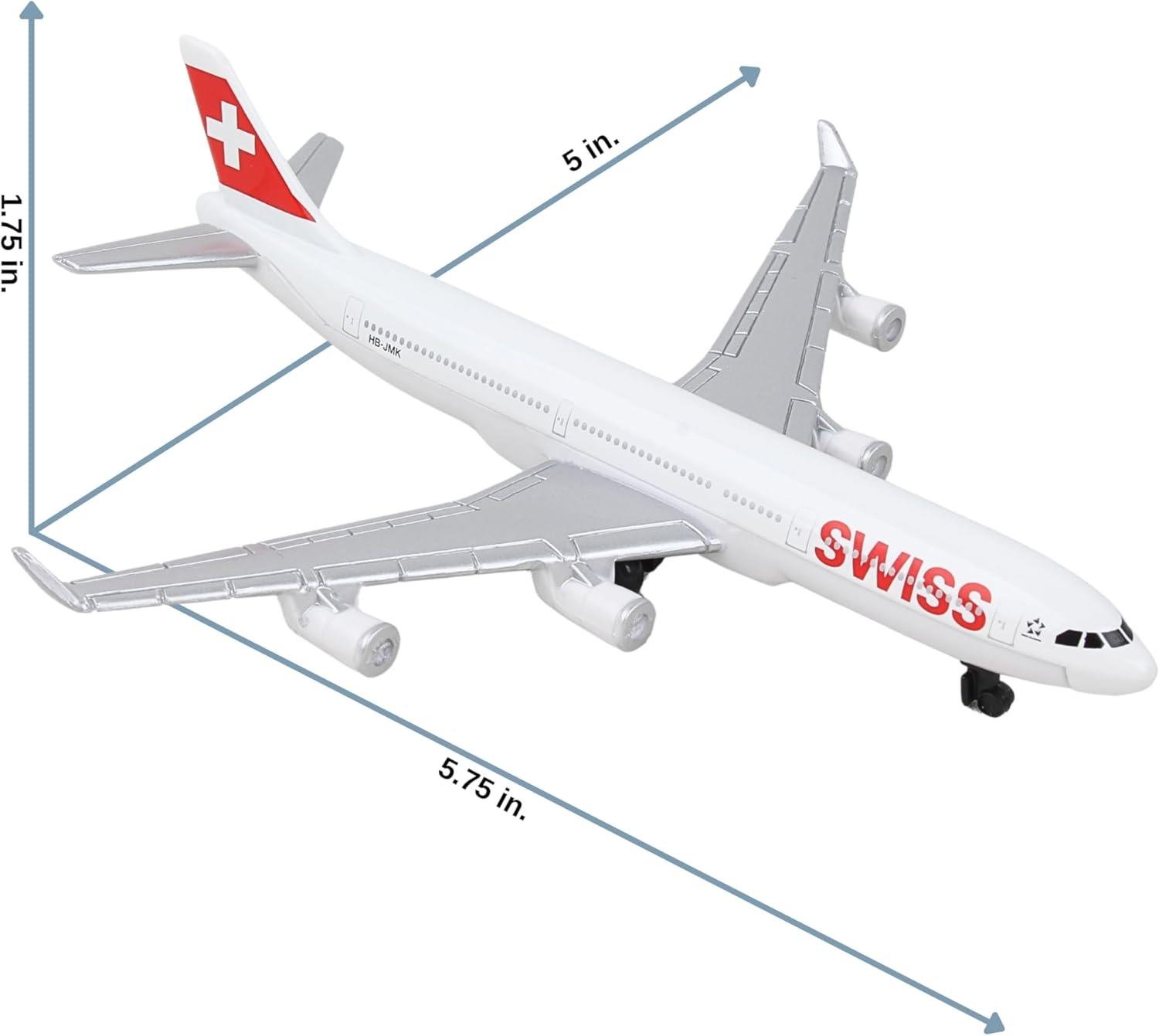 Daron 86RT-0284 Swiss A340, 12,5 cm. Metal Gövde, Plastik Kanatlar, Sergilemeye Hazır Model Yolcu Uçağı