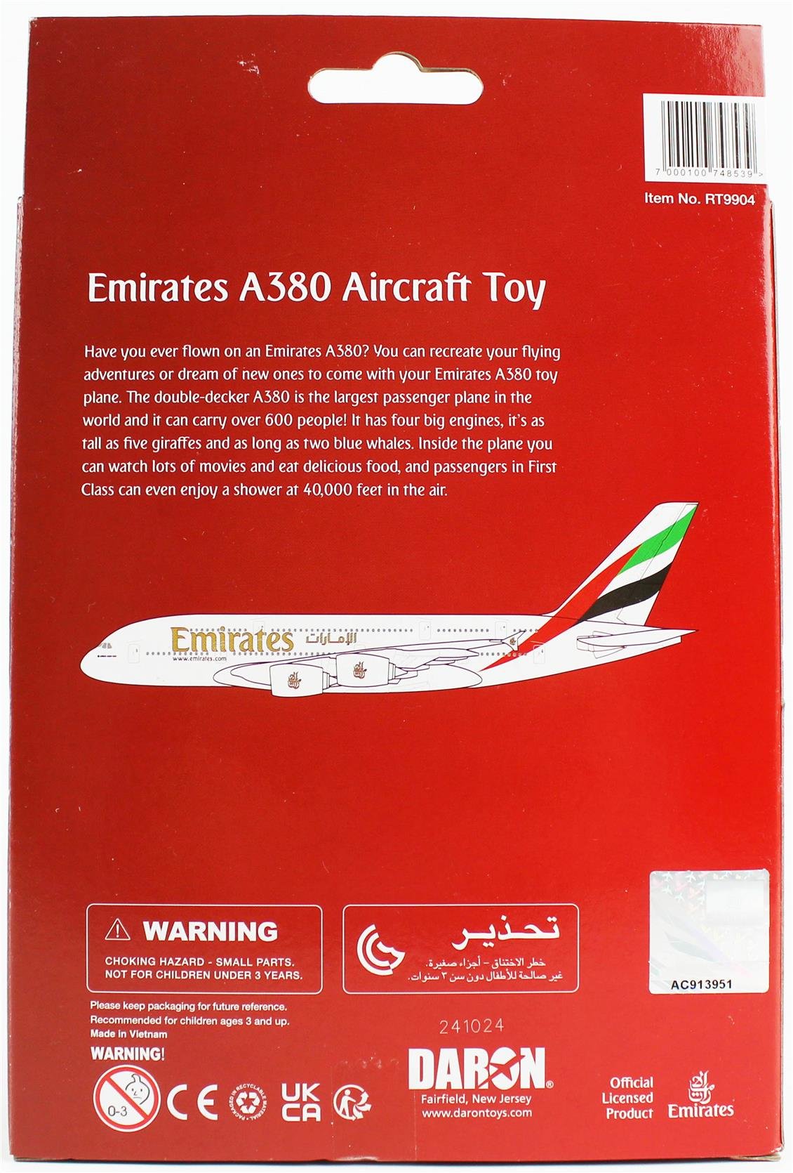 Daron 86RT-9904 Emirates Airbus A380, 12,5 cm. Metal Gövde, Plastik Kanatlar, Sergilemeye Hazır Model Yolcu Uçağı
