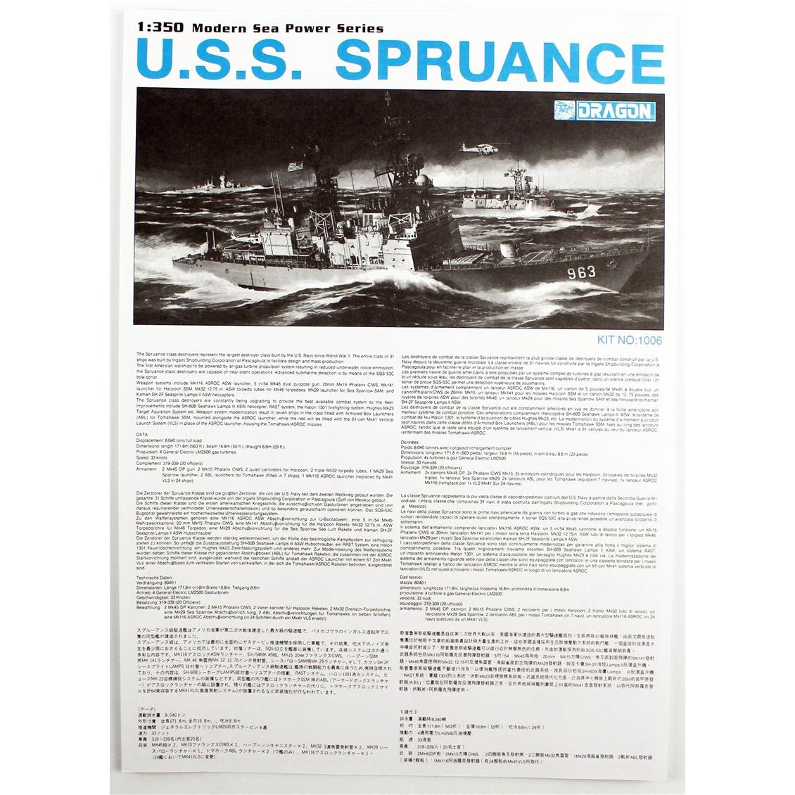 Dragon 1006 1/350 Ölçek, USS Spruance DD-963 Destroyeri Plastik Model Kiti