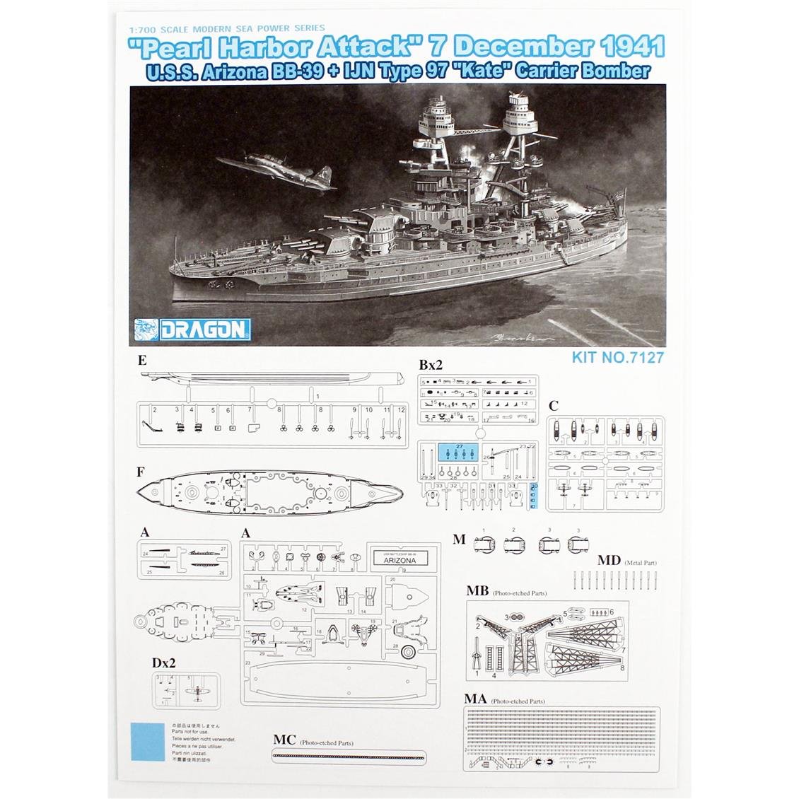 Dragon 7127 1/700 Ölçek, U.S.S. Arizona BB-39 Savaş Gemisi ve IJN Type 97 (Kate) Bombardıman Uçağı plastik Model Kiti