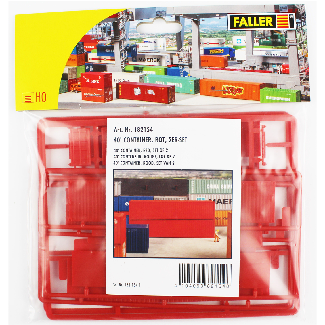 Faller 182154, Maßstab 1:87, 40-Fuß-Container, Rot, 5-teilig, Plastikmodellbausatz