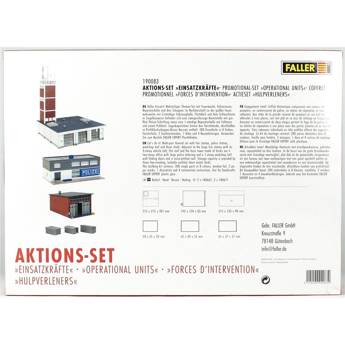 Faller 190083 1/87 Ölçek, İtfaiye, Polis ve Tamirhane Binaları Seti, Plastik Model Kiti