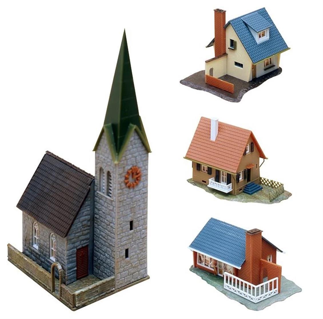 Faller 232220 1/160 Köy Evleri ve Kilise ( 4 Adet ) Demonte Plastik Maketi
