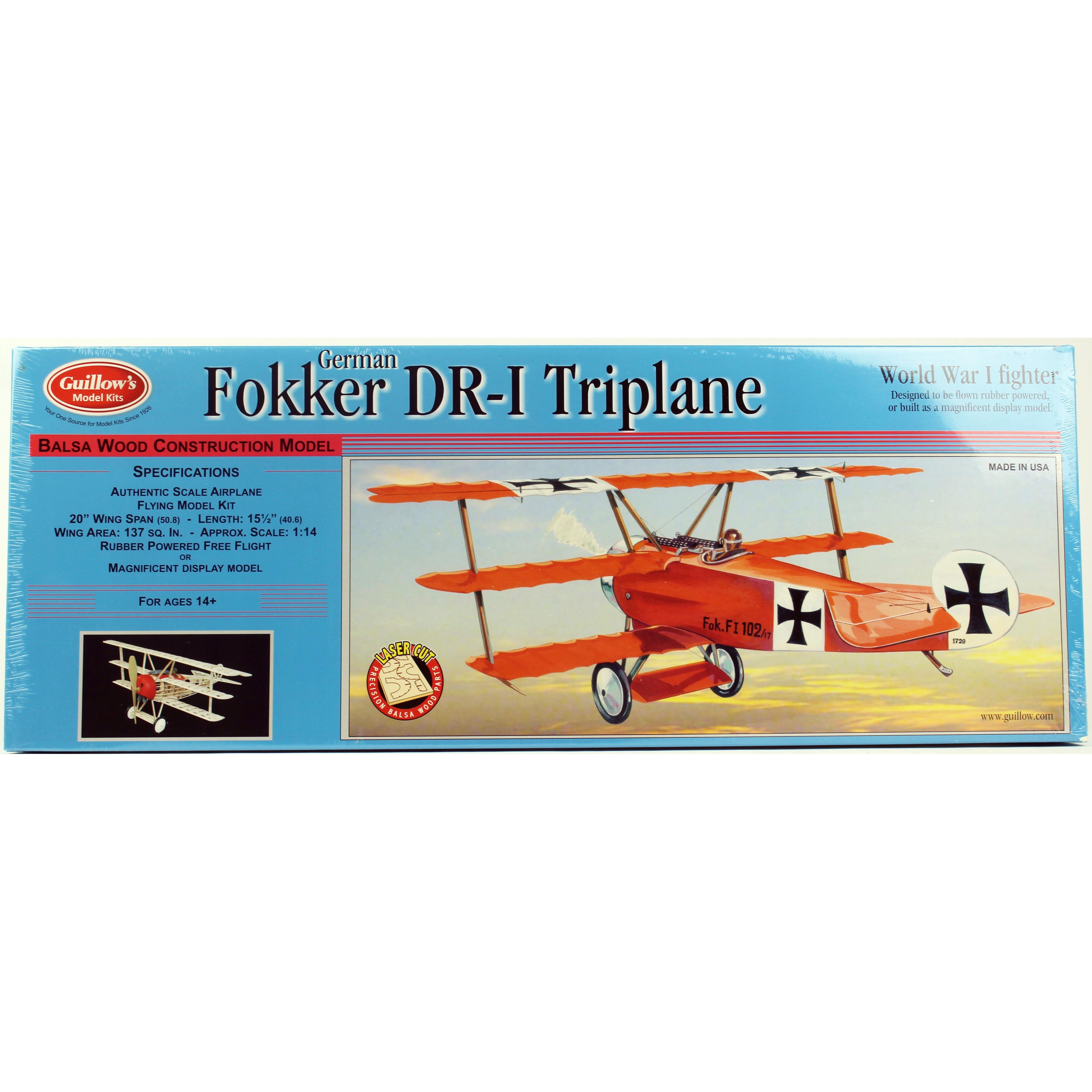 Guillow's 204 1/16 Scale Fokker Triplane, 50cm, Laser Cut, Balsa, Free Flight Model Kit