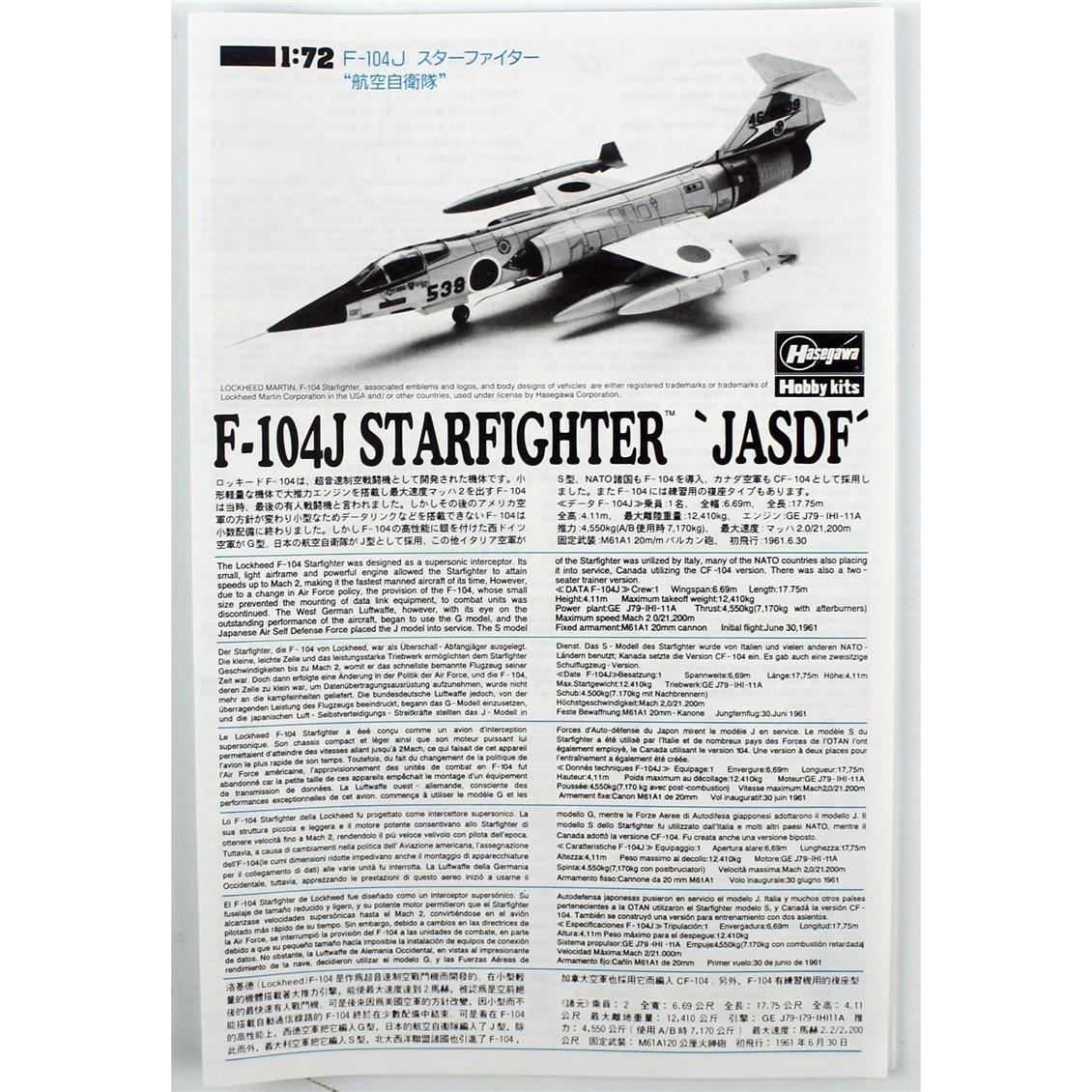 Hasegawa 1446 1/72 Ölçek, F-104J/CF-104 Stargighter (JASDF/CANADA).Savaş Uçağı Plastik Model Kiti