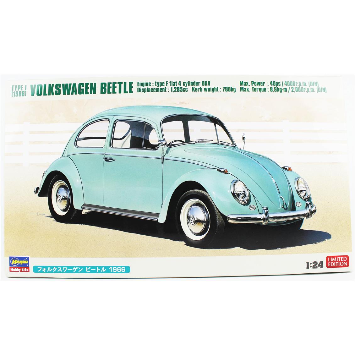 Hasegawa 20726 1/24 Ölçek, Volkswagen Beetle Type 1 -1966 (Cal Look) ve Sarışın Kız Figürü, Otomobil Plastik Model Kiti