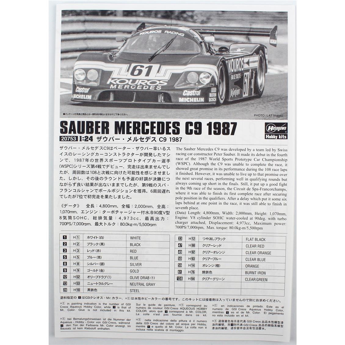 Hasegawa 20753 1/24 Scale, Sauber Mercedes C9 1987, Car Plastic Model Kit