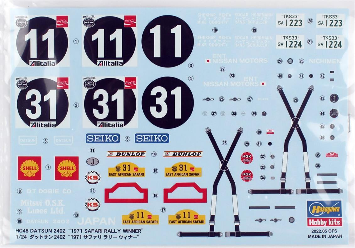 Hasegawa HC48 21148 1/24 Ölçek Datsun 240Z (1971 Safari Rally Winner) Otomobil Plastik Model Kiti