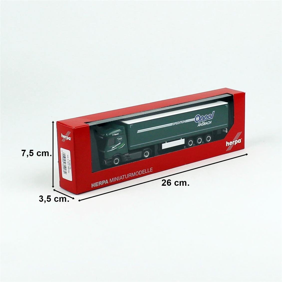 Herpa 319072 1/87 Ölçek, Mercedes-Benz Actros Yatak Kabinli Streamspace, Perdeli Dorseli TIR, Oppel Ansbach, Sergilemeye Hazır