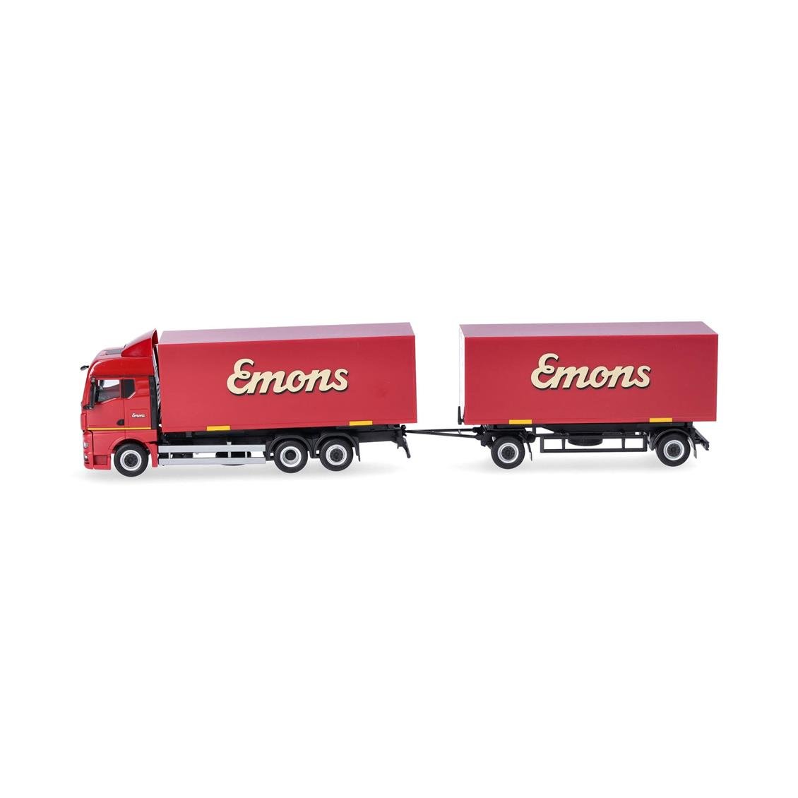 Herpa 319294 1/87 Ölçek, MAN TGX GM 3 Akslı Kapalı Kasa Kamyon ve 2 Akslı Kapalı Kasa Römork, Emons, Sergilemeye Hazır Model Ar