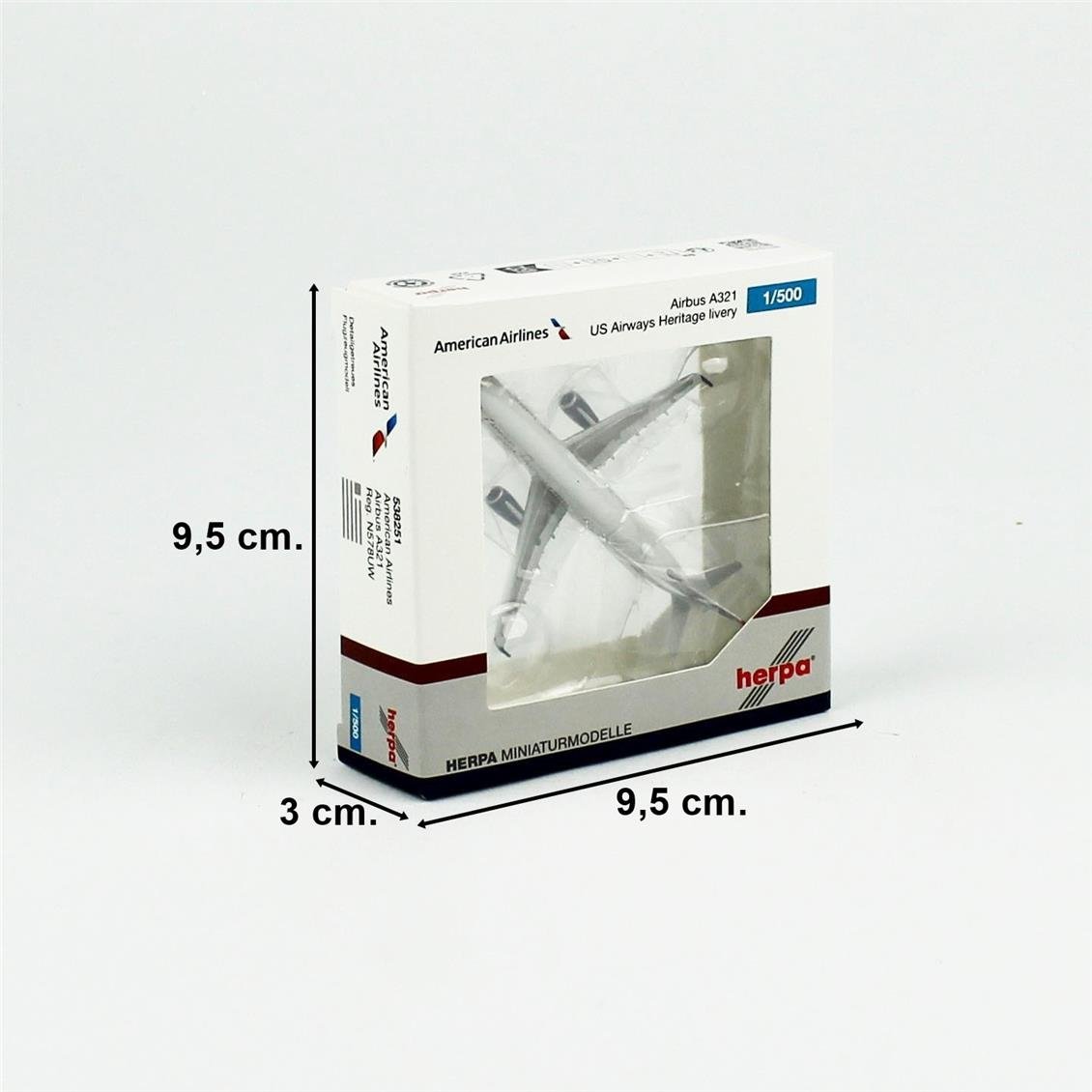 Herpa 538251 1/500 Ölçek, Amerikan Havayolları Airbus A321 (US Airways Heritage livery) N578UW, Metal, Sergilemeye Hazır Model