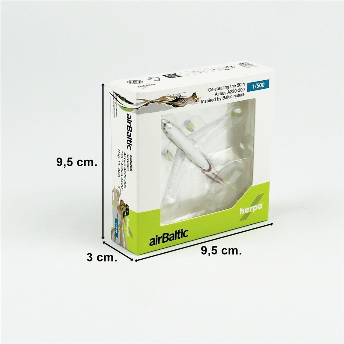 Herpa 538268 1/500 Ölçek, AirBaltic Airbus A220-300 (50th A220) YL-ABX, Metal, Sergilemeye Hazır Model Yolcu Uçağı