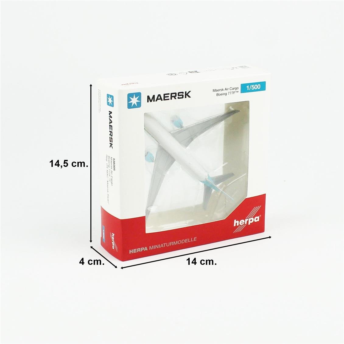 Herpa 538305 1/500 Ölçek, Maersk Hava Kargo Boeing 777F, OY-MAC (Maersk Swan), Metal, Sergilemeye Hazır Model Nakliye Uçağı