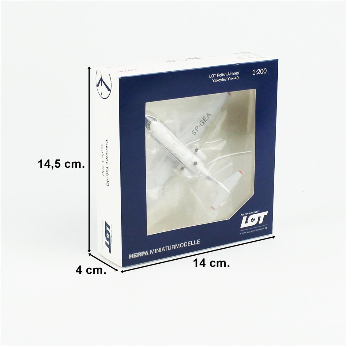 Herpa 573139 1/200 Ölçek, LOT Polonya Havayolları Yakovlev Yak-40, SP-GEA, Metal, Sergilemeye Hazır Model Yolcu Uçağı