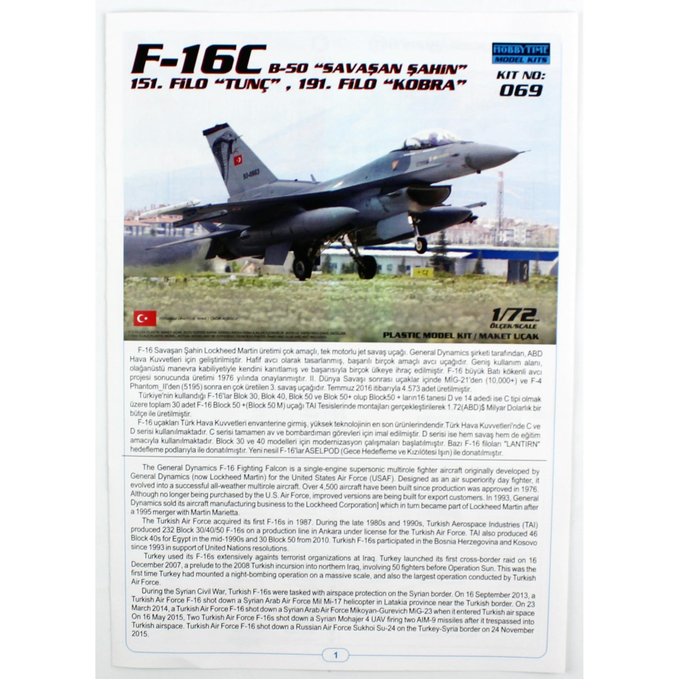 Hobbytime 069 1/72 Ölçek, F-16C B-50 Savaşan Şahin, Tunç 151. Filo ve Kobra 191.Filo, Savaş Uçağı Plastik Model Kiti