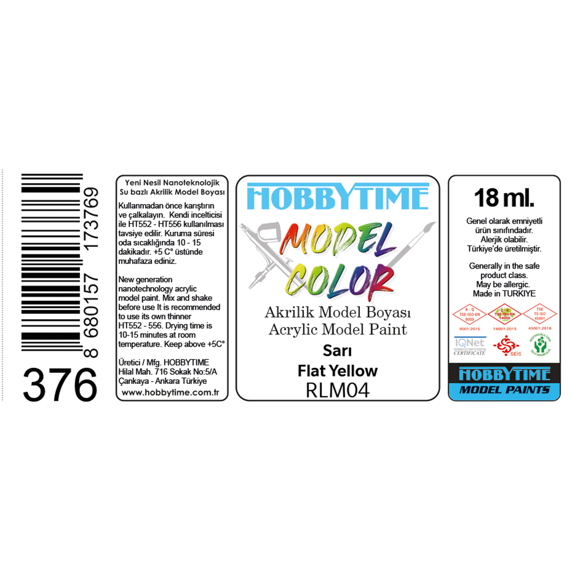 Hobbytime 376 18 ml. RLM04, Sarı (Flat Yellow), Akrilik Model Boyası