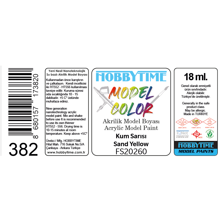 Hobbytime 382 18 ml. FS20260 Kum Sarısı (Sand Yellow), Akrilik Model Boyası