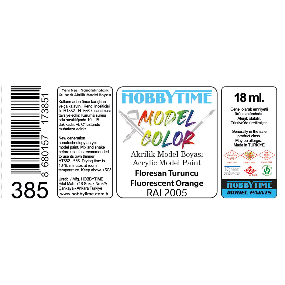 Hobbytime 385 18 ml. RAL4010 Tele Magenta (Tele Magenta), Akrilik Model Boyas