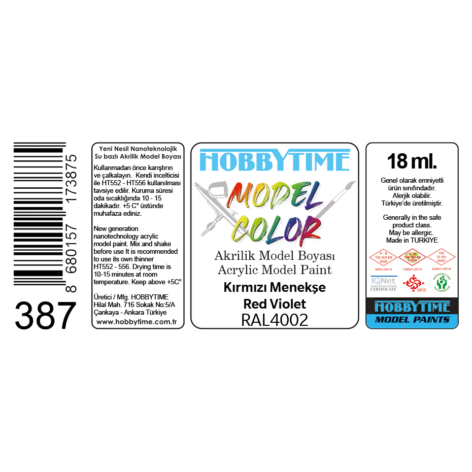Hobbytime 387 18 ml. RAL4002 Kırmızı Menekşe (Red Violet), Akrilik Model Boyası