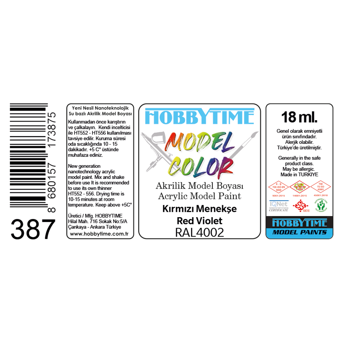 Hobbytime 387 18 ml. RAL4002 Kırmızı Menekşe (Red Violet), Akrilik Model Boyası