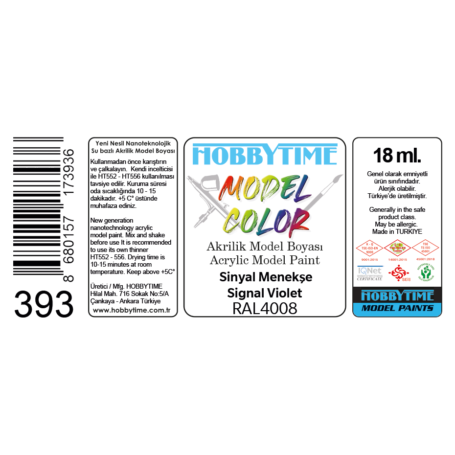 Hobbytime 393 18 ml. RAL4008, Sinyal Menekşe (Signakl Violet), Akrilik Model Boyası