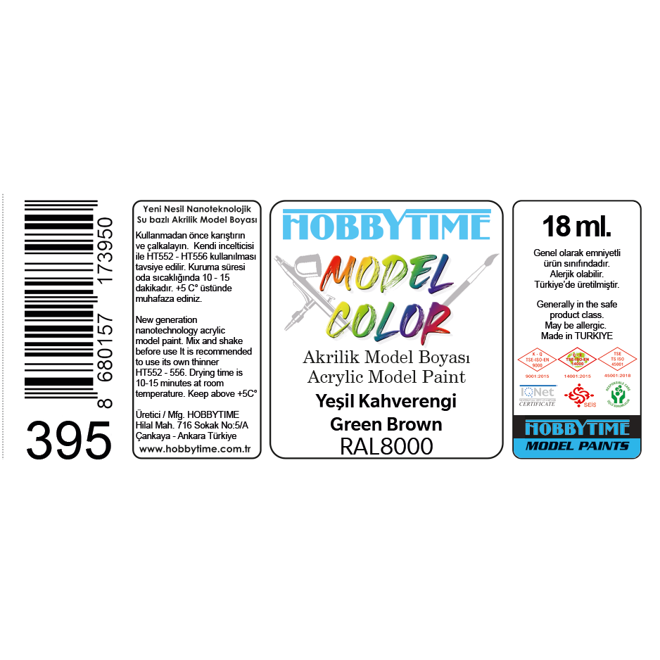 Hobbytime 395 18 ml. RAL8000 Yeşil Kahverengi (Green Brown), Akrilik Model Boyası