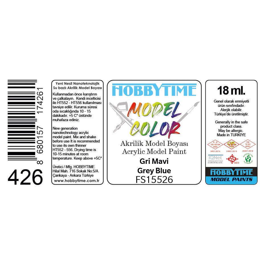 Hobbytime 426 18 ml. FS15526 Gri Mavi (Grey Blue), Akrilik Model Boyası