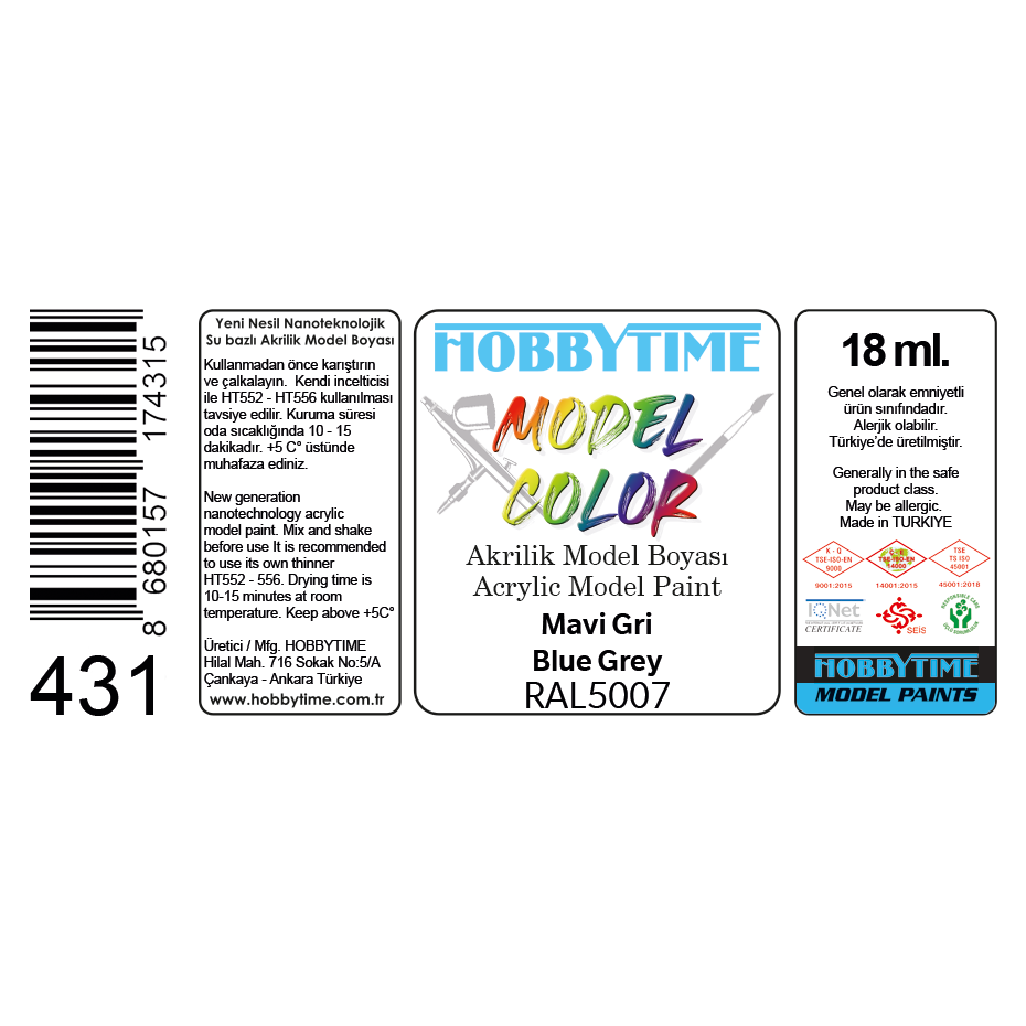 Hobbytime 431 18 ml. RAL5007 Mavl Gri (Blue Grey), Akrilik Model Boyası