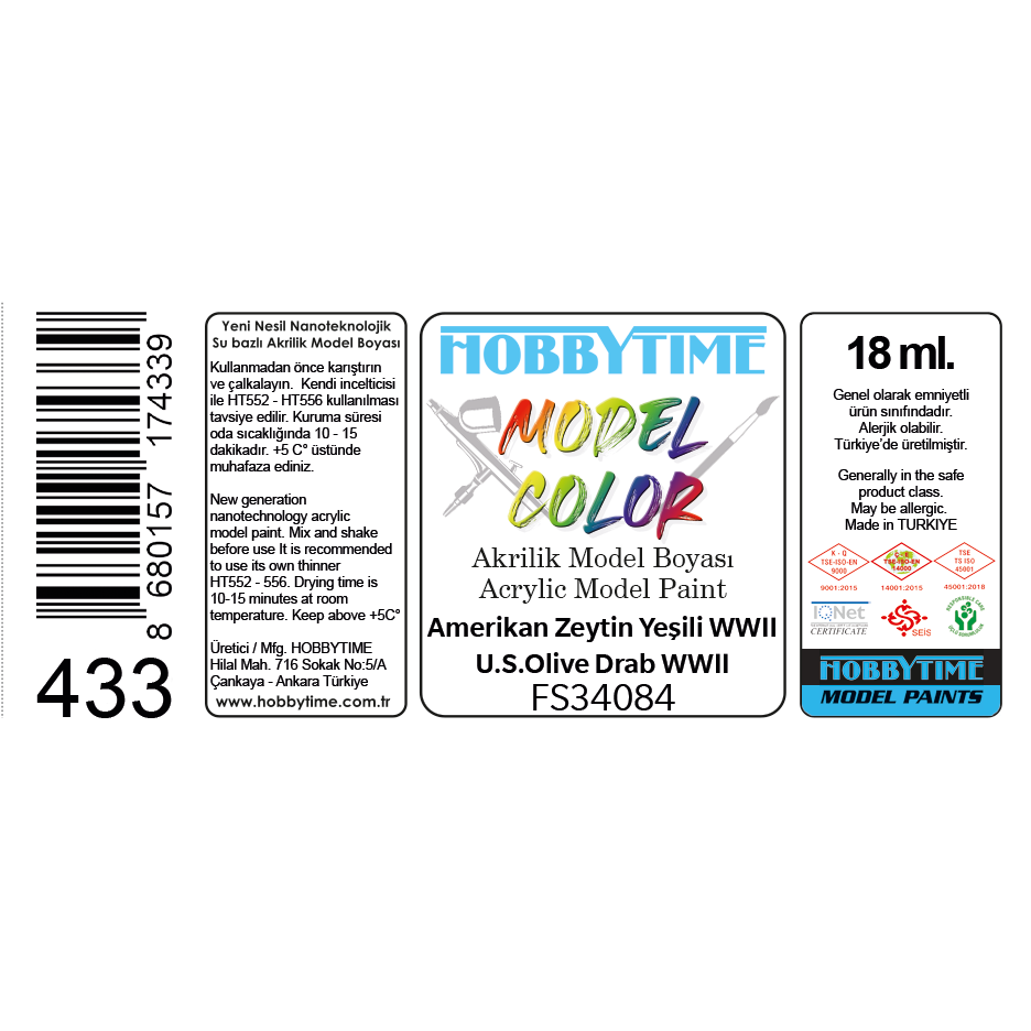 Hobbytime 433 18 ml. FS34084 18 ml.  Amerikan Zeytin Yeşili WWII (U.S.Olive Drab WWII), Akrilik Model Boyası