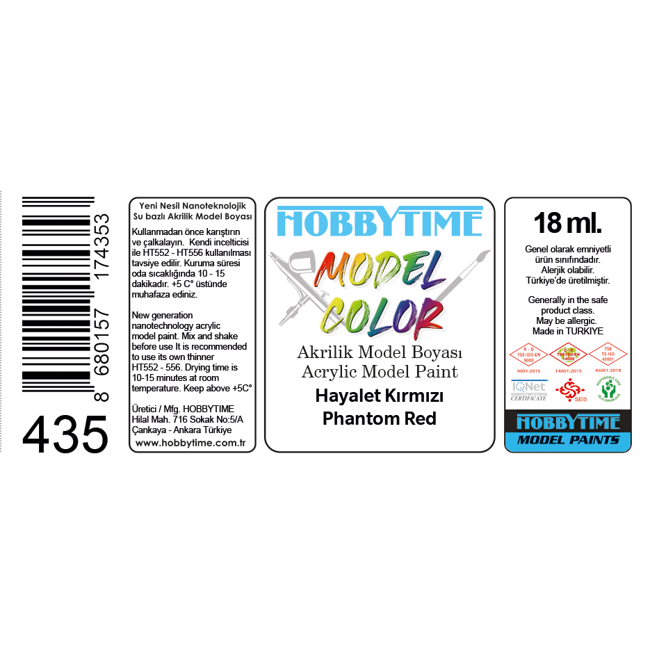 Hobbytime 435 18 ml. Hayalet Kırmızı (Ghost Red), Akrilik Model Boyası