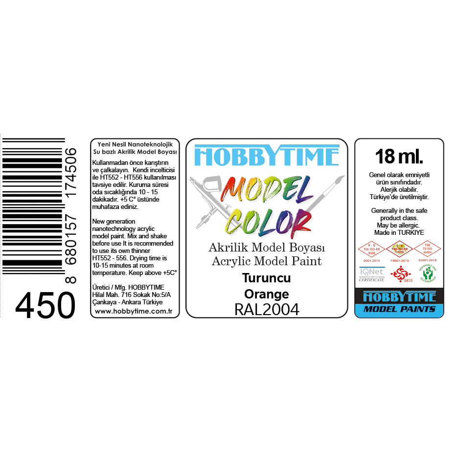 Hobbytime 450 18 ml. RAL2004 Turuncu (Orange), Akrilik Model Boyası