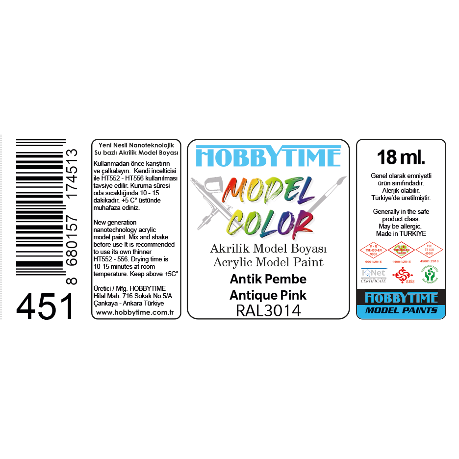 Hobbytime 451 18 ml. RAL3014 Antik Pembe (Antique Pink), Akrilik Model Boyası