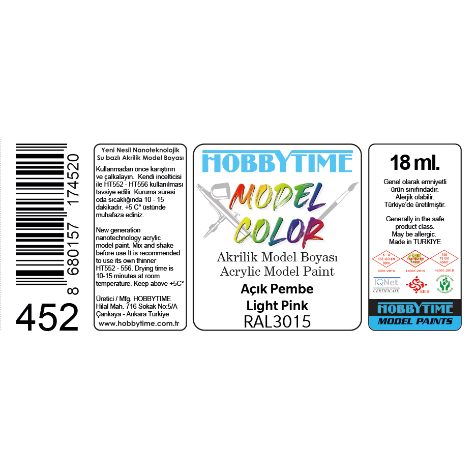 Hobbytime 452 18 ml. RAL3015 Açık Pembe (Light Pink), Akrilik Model Boyası