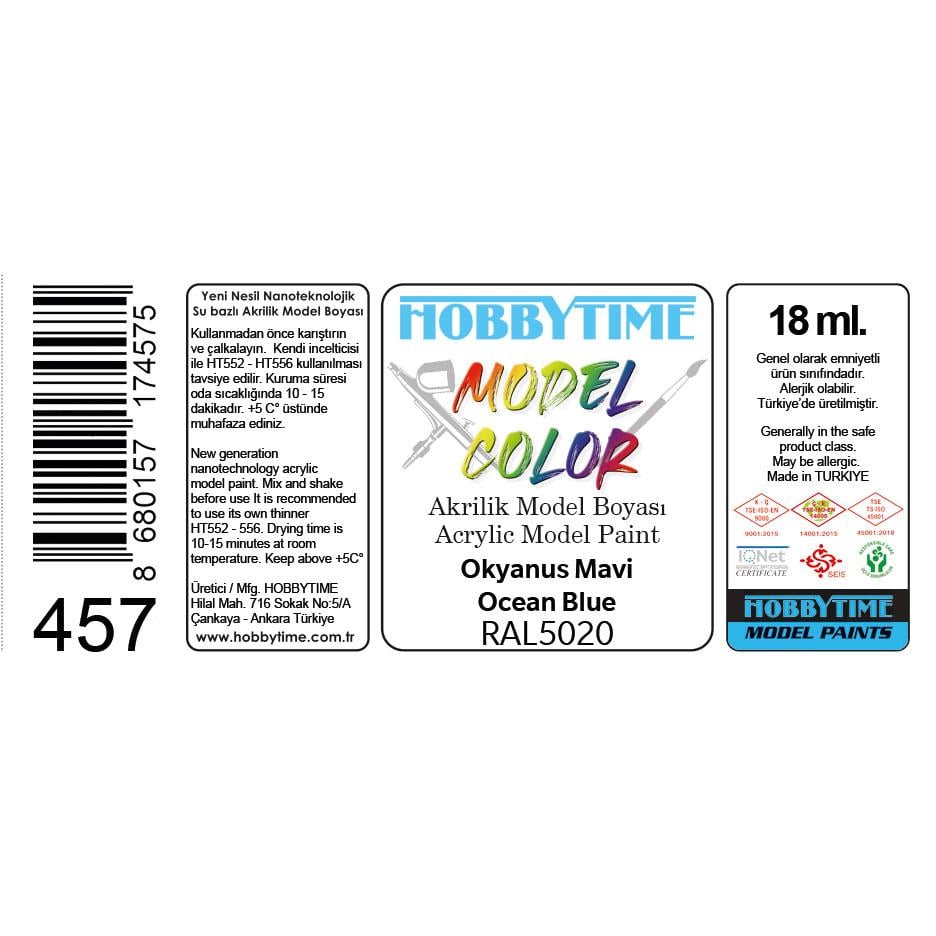 Hobbytime 457 18 ml. RAL5020 Okyanus Mavi (Ocean Blue) Akrilik Model Boyası