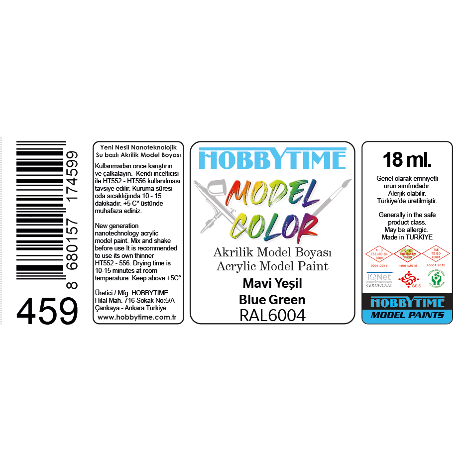 Hobbytime 459 18 ml. RAL6004 Mavi Yeşil (Blue Green) Akrilik Model Boyası