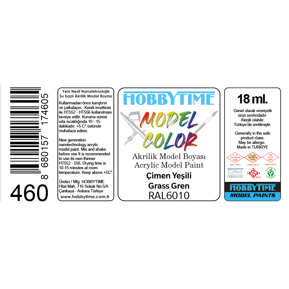 Hobbytime 460 18 ml. RAL6010 Çimen Yeşili (Grass Gren) Akrilik Model Boyası
