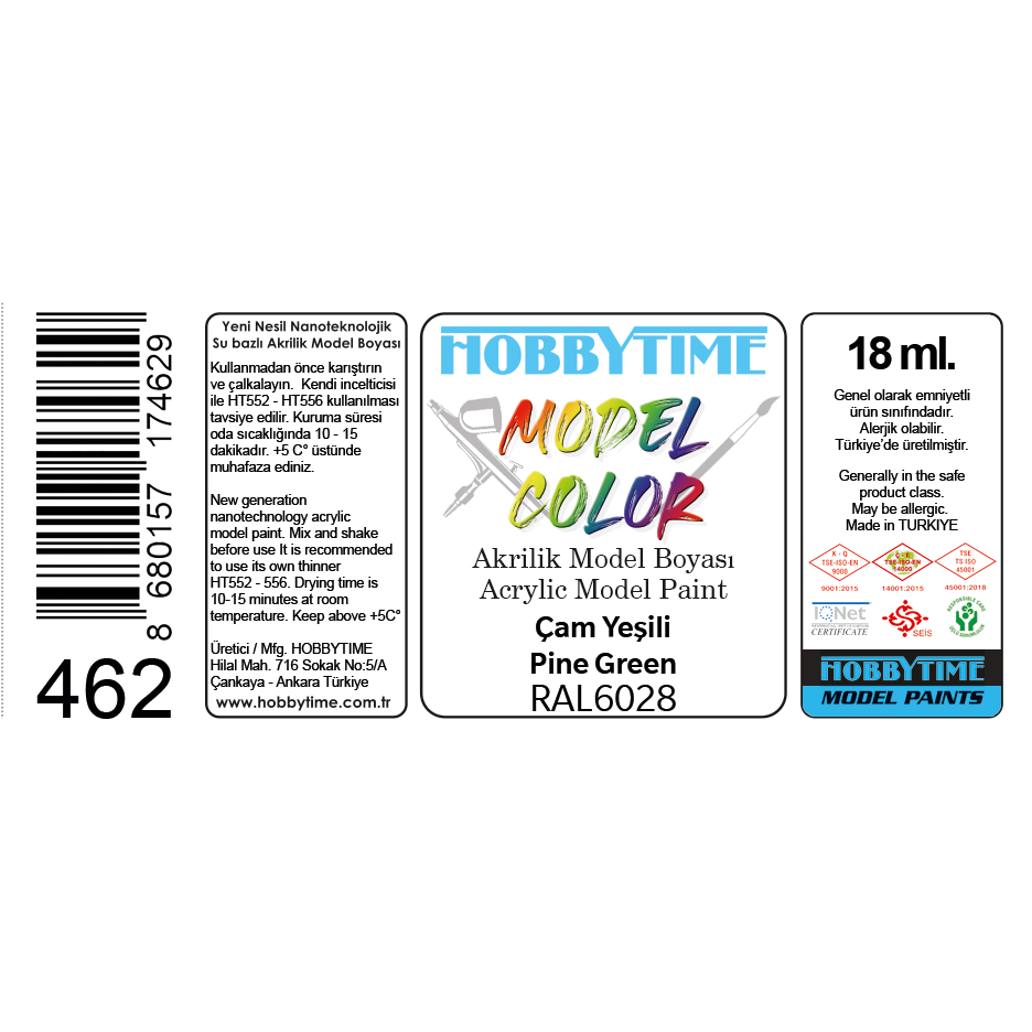 Hobbytime 462 18 ml. RAL6028 Çam Yeşili (Pine Green) Akrilik Model Boyası