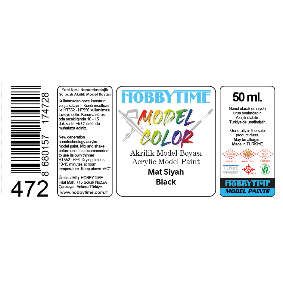 Hobbytime 472 50 ml. Mat Siyah (Black ), Akrilik Model Boyası