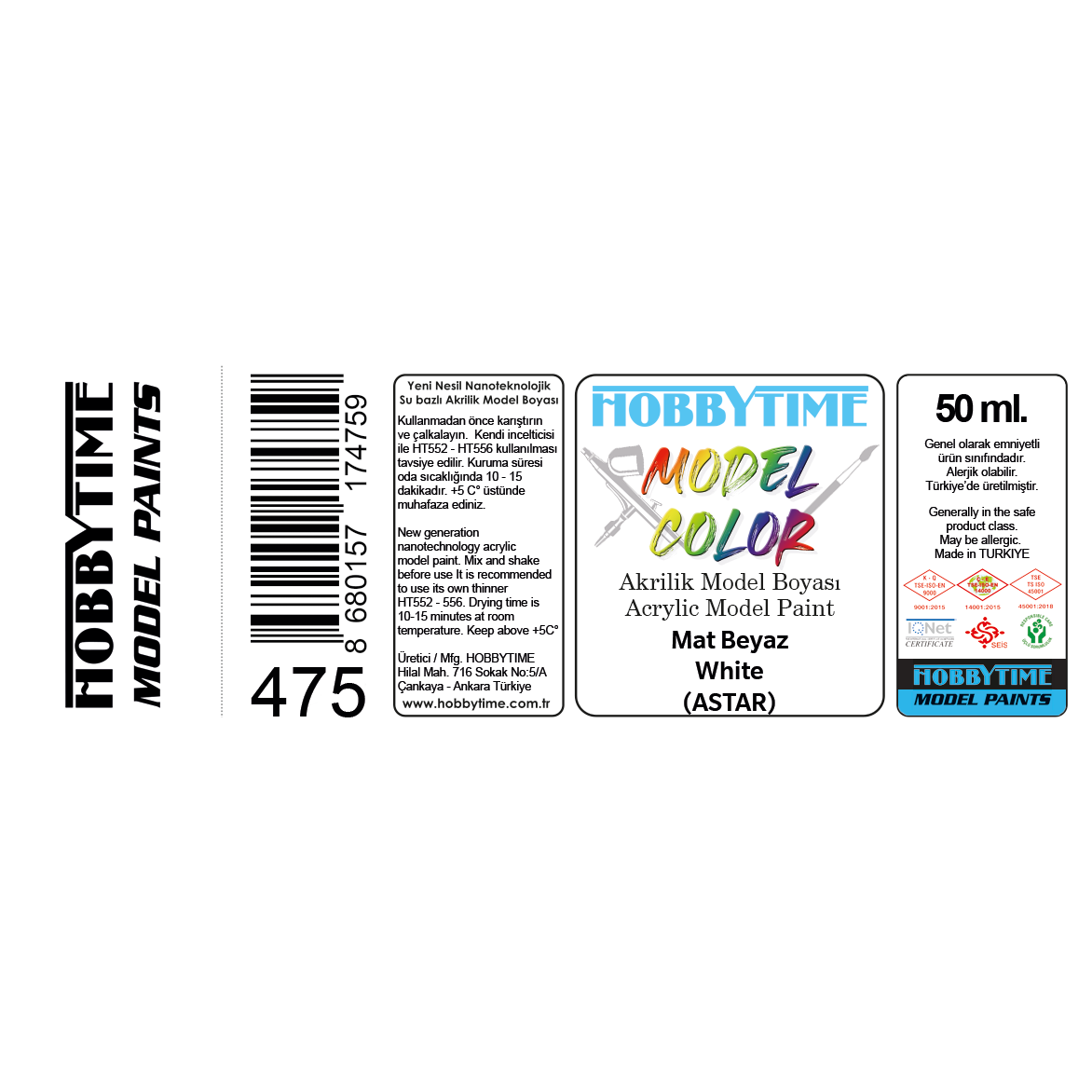 Hobbytime 475 50 ml. Mat Beyaz (White ), Astar,Akrilik Model Boyası
