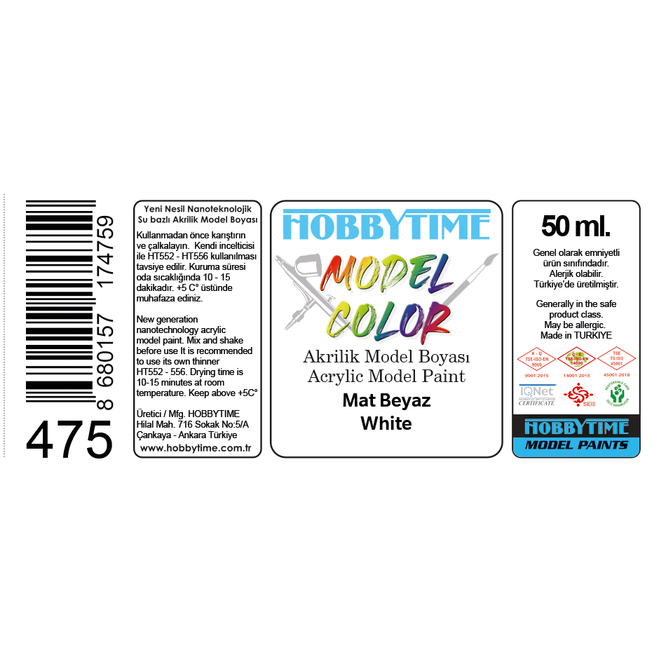Hobbytime 475 50 ml. Mat Beyaz (White ), Akrilik Model Boyası