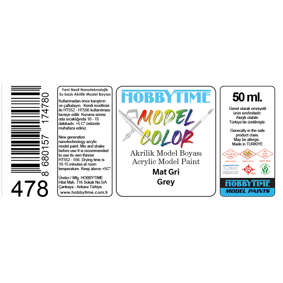 Hobbytime 478 50 ml. Mat Gri (Grey ), Akrilik Model Boyası