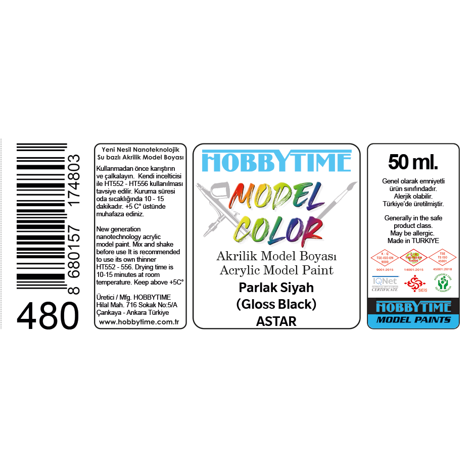 Hobbytime 480 50 ml. Parlak Siyah (Gloss Black), Astar, Akrilik Model Boyası
