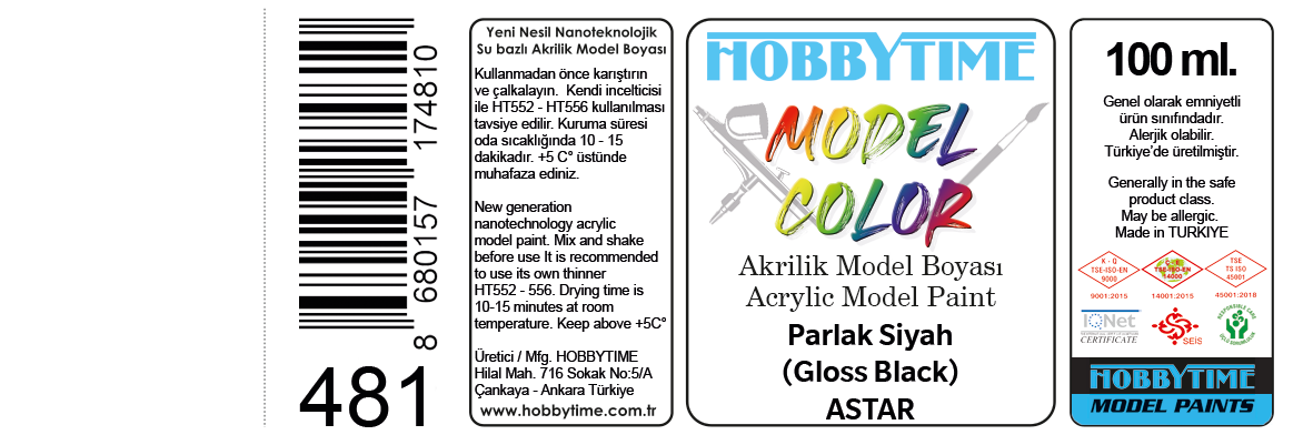 Hobbytime 481 100 ml. Parlak Siyah (Gloss Black), Astar, Akrilik Model Boyası