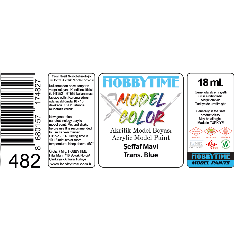 Hobbytime 482 18 ml. Şeffaf Mavi (Trans.Blue), Akrilik Model Boyası